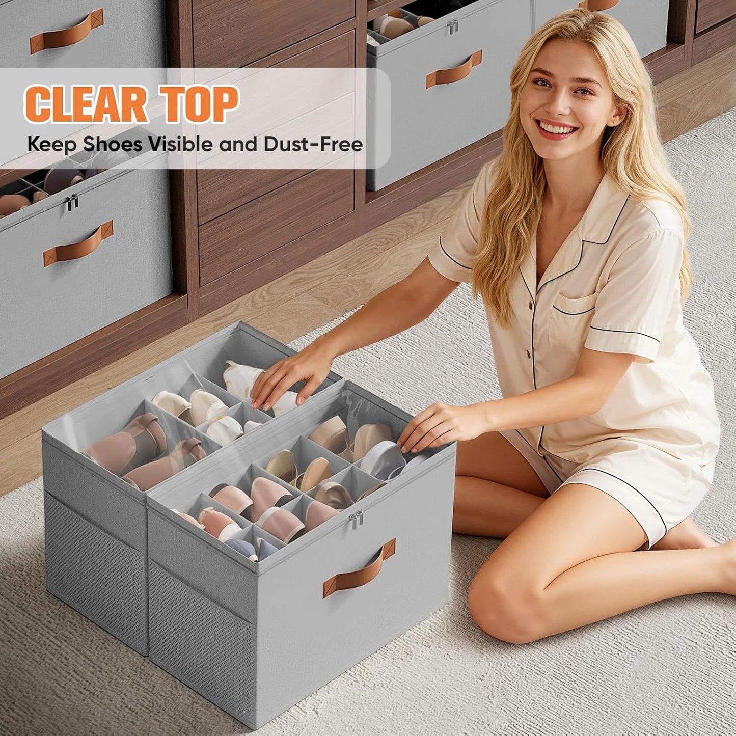 Shoe Organizer for Closet, 2 Pack Foldable Shoe Storage Organizer with Adjustable Dividers, Shoe Storage Box with Clear Cover, Fits up to 16 Pairs, Gray