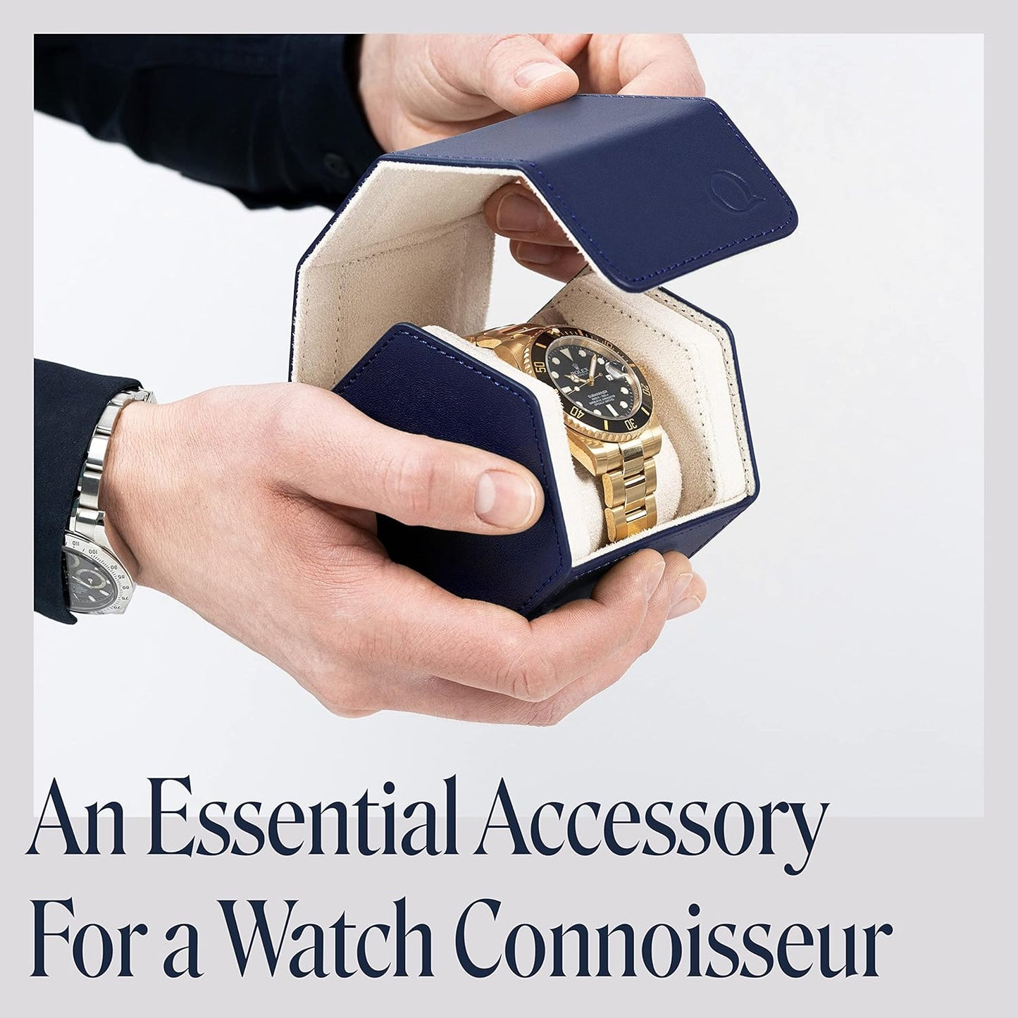 QWATCHBANDS Leather Watch Cases for Men - Hexagon Single & Double Watch Roll Travel Case - Genuine Napa Leather with Velvet Interior - Storage & Display Holder for 1 Watch or 2 Watches