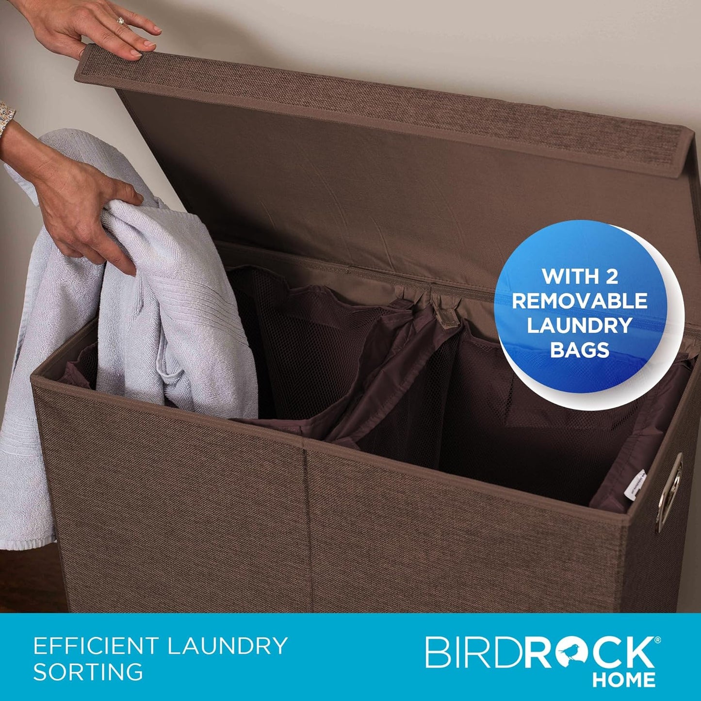 BIRDROCK HOME Laundry Hamper with Lid | Removable Bags for Sorting Clothes | Sectioned Laundry Basket for Bedroom & Bathroom | Collapsible Storage Bin with Cover | Double, Brown