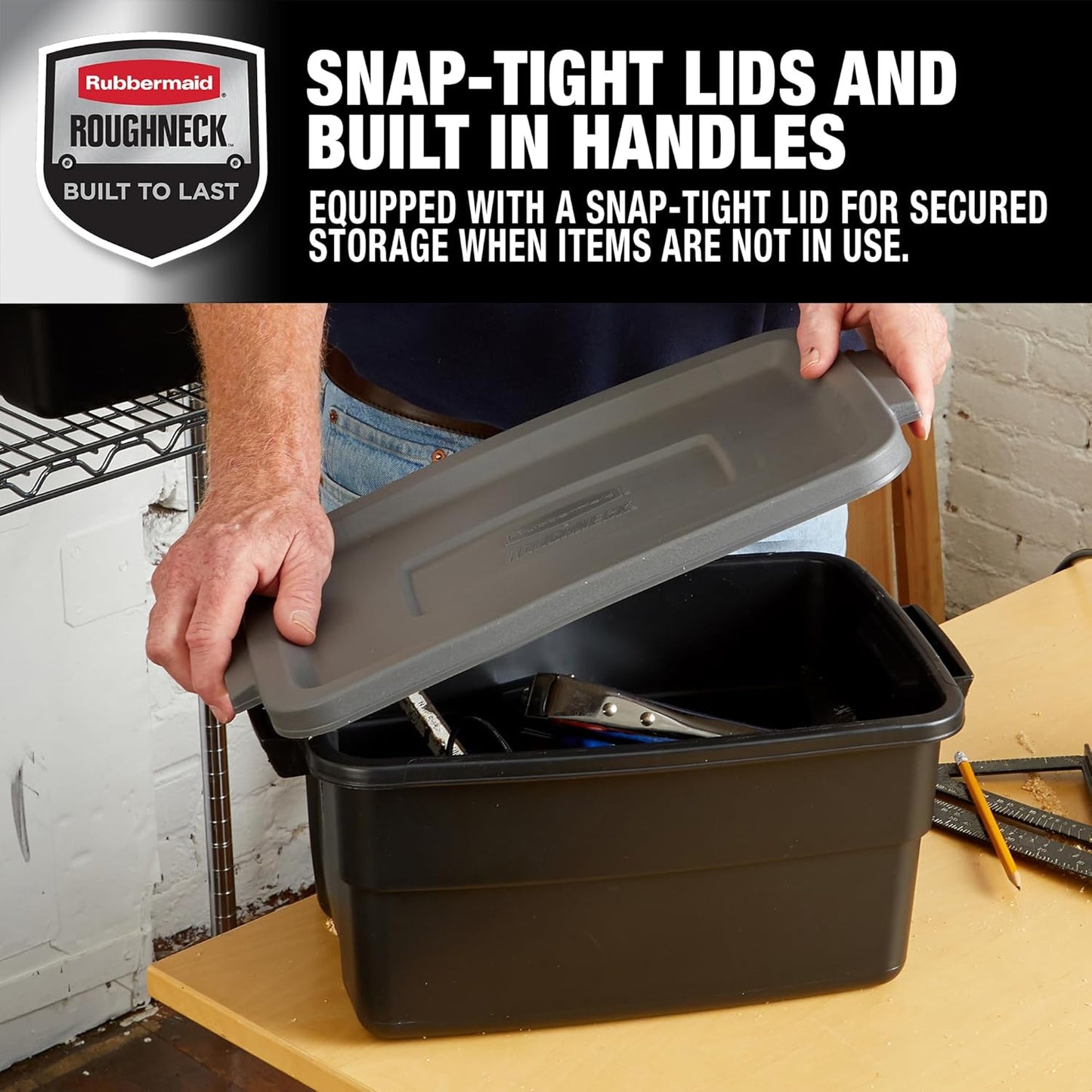 Rubbermaid 6-Pack Heavy Duty Durable 3 GAL Totes for Storage with Snap Lids and Handles, Plastic Storage Bins Stackable Black Gray for Home and Garage (3 GAL - 6 Pack Solid Black and Grey)