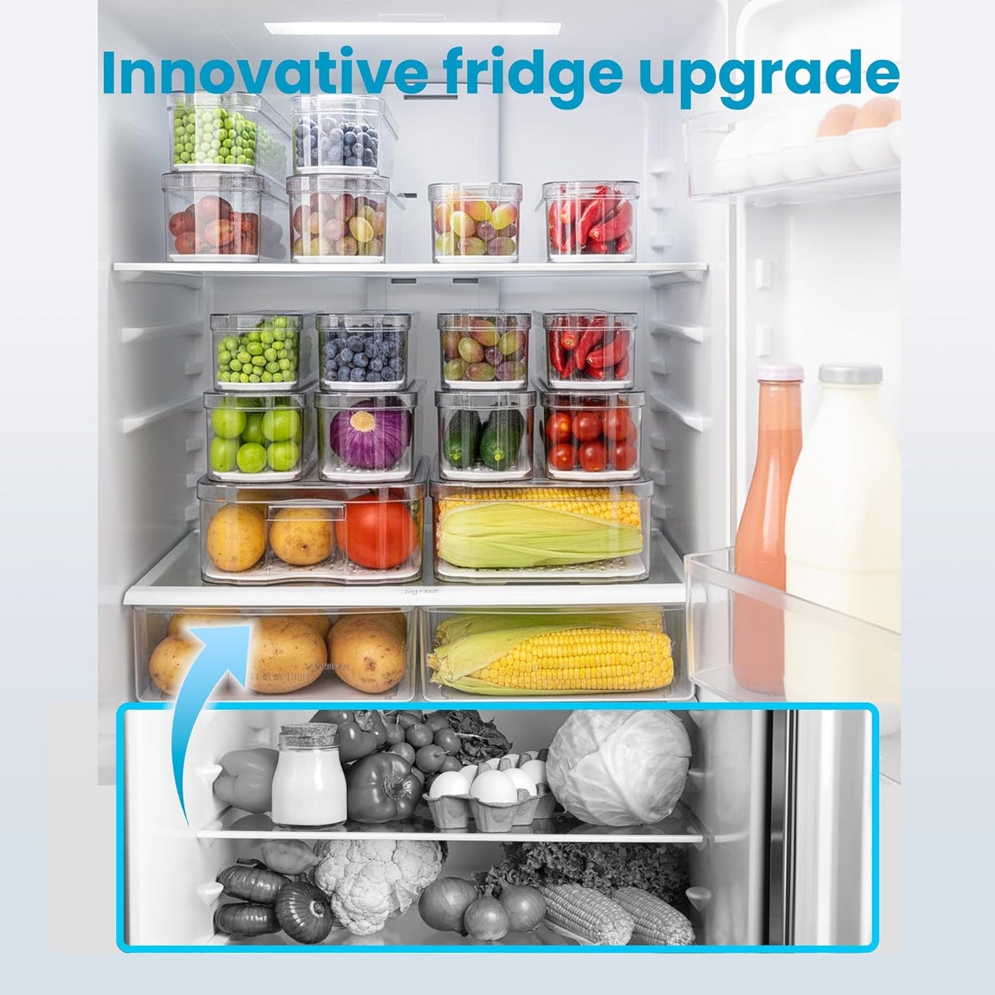 8 Pack Refrigerator Organizers and Storage, Clear Pull-out Drawer Container and Organizer Bins with Lids, Stackable Storage Containers for Fruits, Vegetable (Set of 8 (Include Pull-out Drawer))