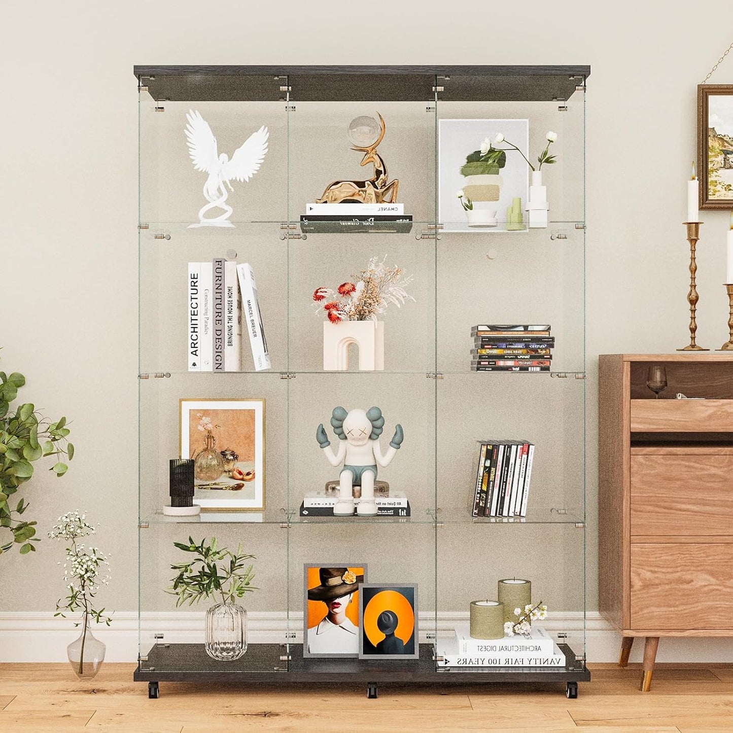 Beauty4U Glass Display Cabinet with 12 Shelves, Extra Large 3 Columns 2 Doors Curio Cabinets for Living Room, Bedroom, Office, Black Floor Standing DIY Glass Bookshelf, Quick Installation