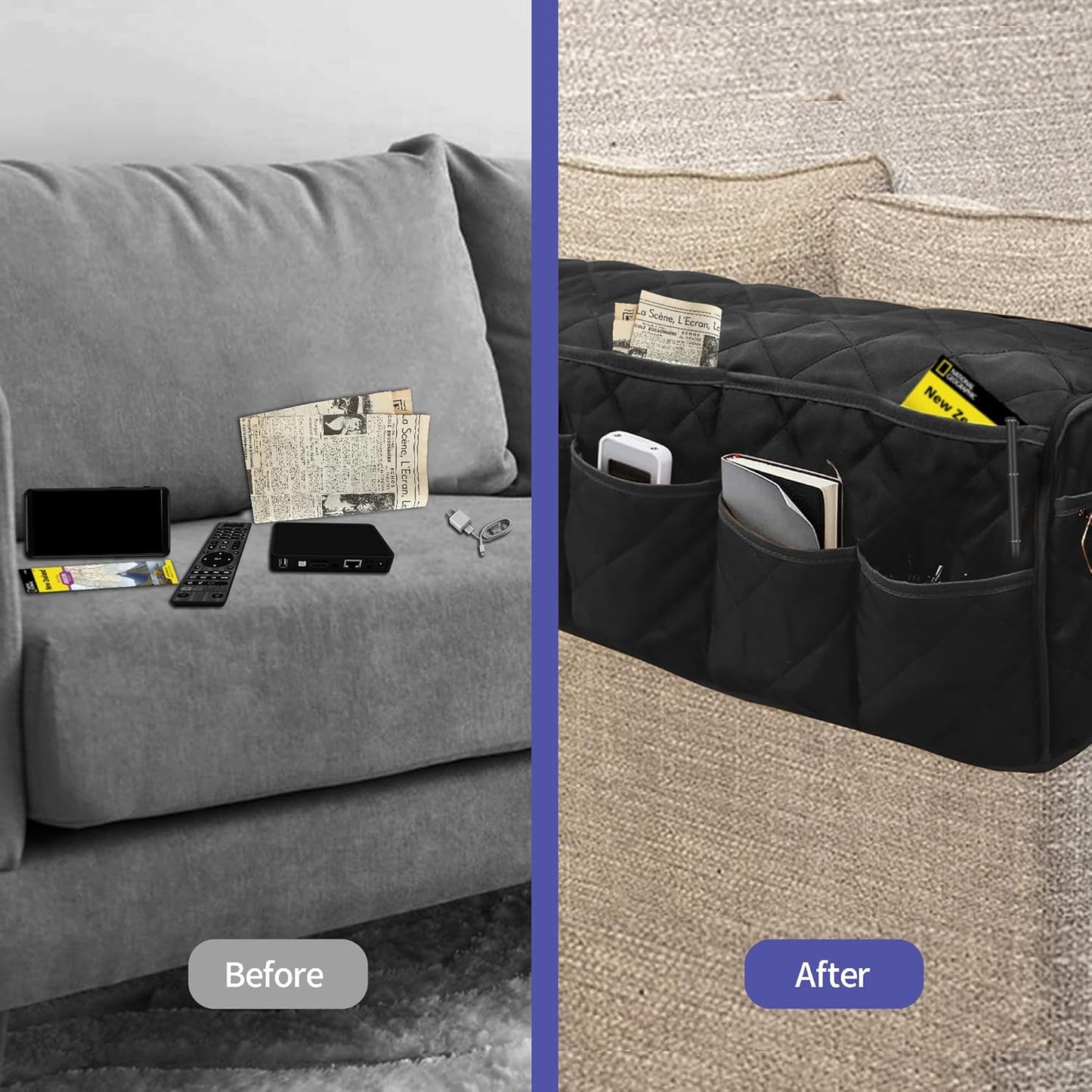 MEHIDFY Armchair Caddy, Waterproof Sofa Armrest Organizer, Non Slip Recliner Organizer, Remote Holder for Recline, Recliner Caddy with 14 Pockets Storage for TV Remote, Phone, Magazine (Black)