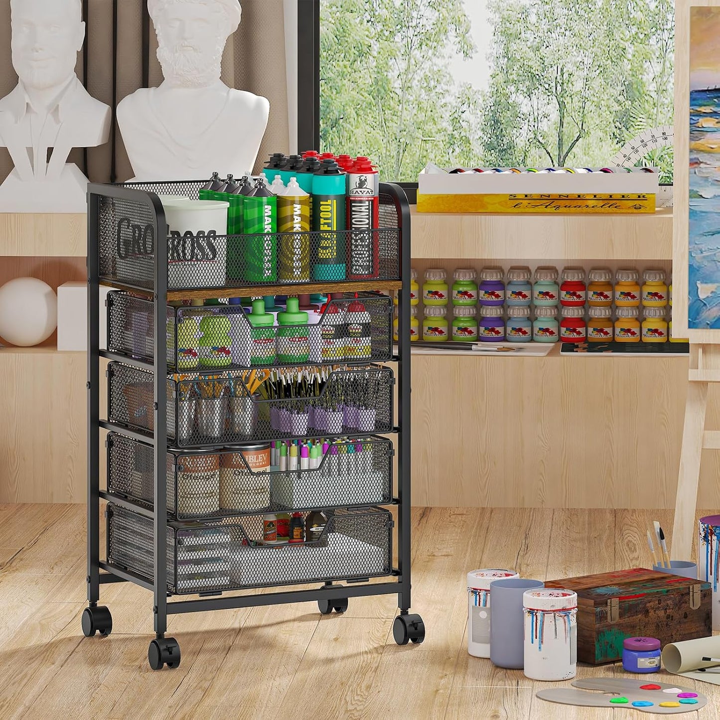 5-Tier Craft Organizer Cart with Wheels-Storage Cart with Drawers,Lockable Wheels Rolling Utility Cart,Makeup Cart with DIY Divider,Office Supply Organizer Storage for Studio,Office,Bedroom,Black