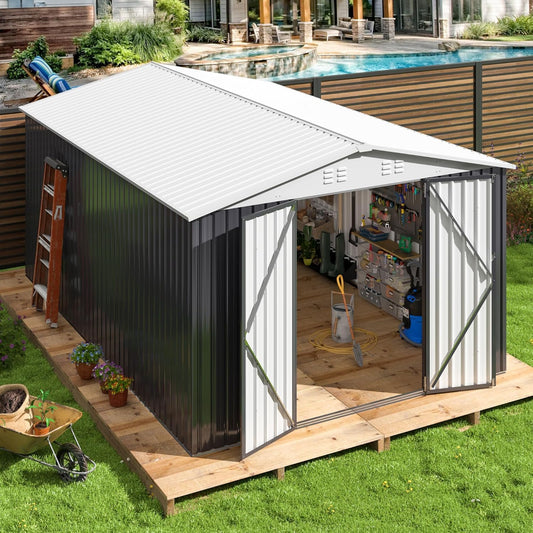 10x14 FT Outdoor Storage Shed, Garden Shed with Updated Frame Structure and Lockable Doors, Metal Tool Sheds for Backyard Garden Patio Lawn, White