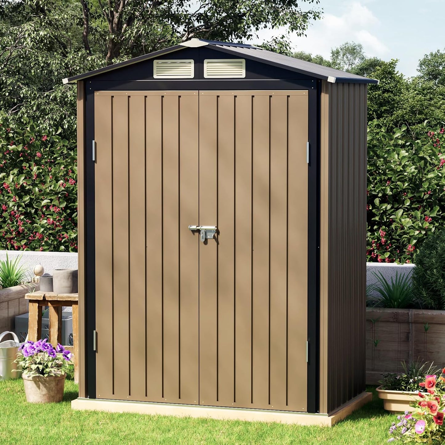5x3 FT Outdoor Metal Storage Shed with Floor Frame, Double Door, 1 Clear Window, Tool Shed for Garden, Patio, Backyard Brown