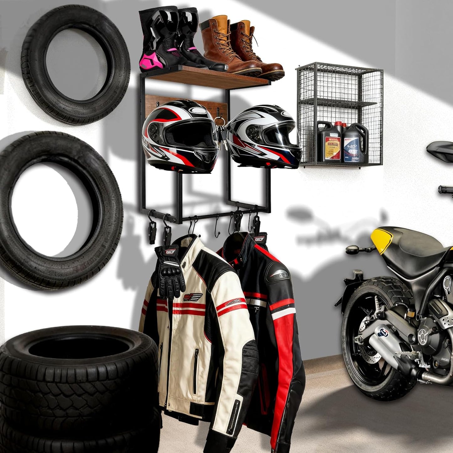 Motorcycle Helmet Holder Wall Mount, Wooden Helmet Display Stands with Metal Frame Tiered Organizer,with 2 Helmet Rack,4 Glove Chips and 8 Hooks for Motorcycle Gear Accessories Storage
