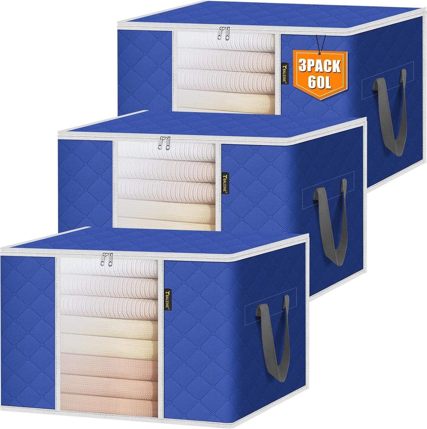 BALEINE 3 Pack Clothes Storage Bags, 16 Gallon Storage Containers with Reinforced Handle, Sturdy Zipper, Closet Organizer for Blanket, Comforter, Pillow, Bedding (Blue, 3 Pack)