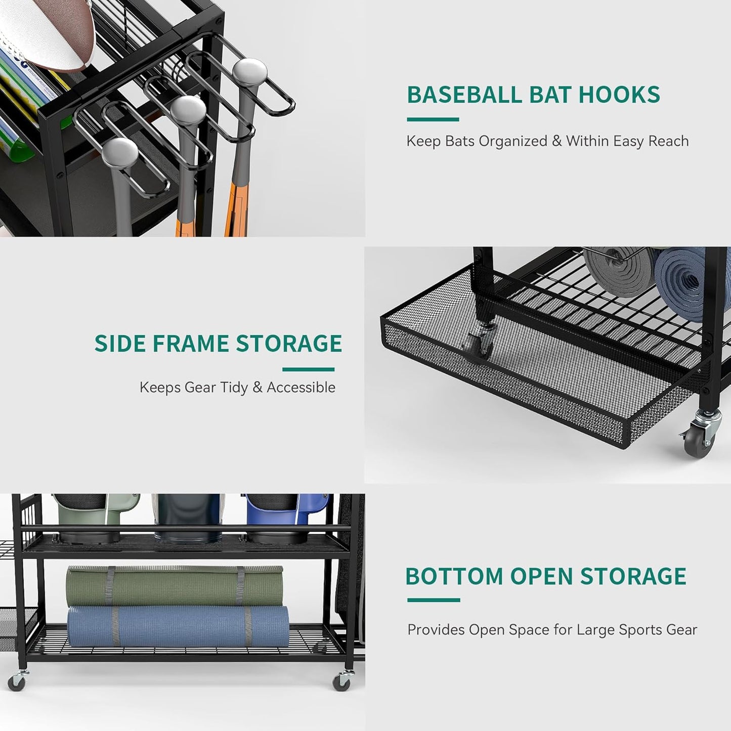 YITAHOME Multi-Functional Sports Organizer for Garage, Golf Gear Storage Rack for 3 Bags and Clubs, Ball Storage Bins with Wheels, Multi-Layer Sports Equipment Rack with Hooks
