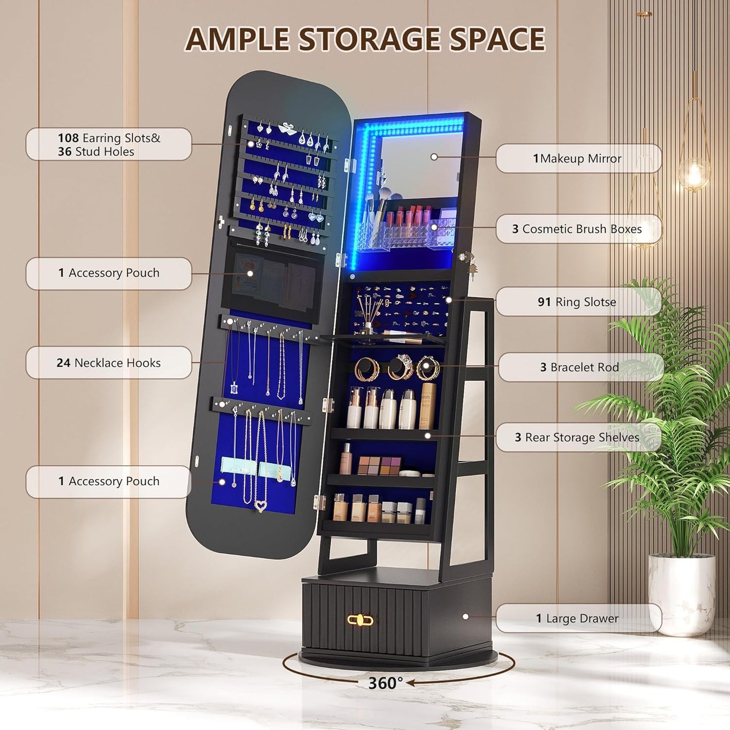 360°Swivel Jewelry Organizer with Full Length Mirror with Lights,Jewelry Armoires Cabinet Standing with Drawer,Large Mirror Storage for Jewelry and Makeup(Black)