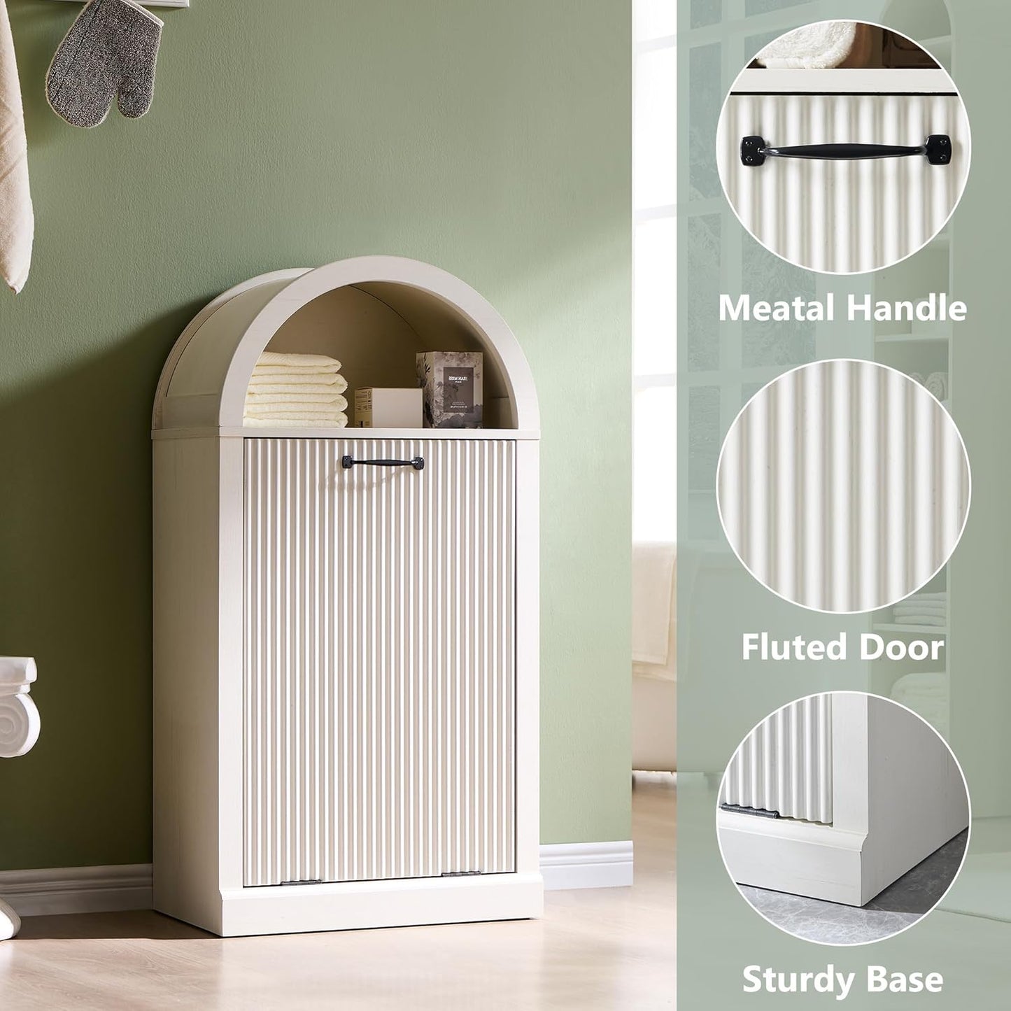 Arched Tilt-Out Trash Can Cabinet, Fluted 10 Gallon Trash Can with Open Shelf, Modern Laundry Hamper Cabinet, Hidden Garbage Can with Storage Basket for Kitchen, Living Room, White