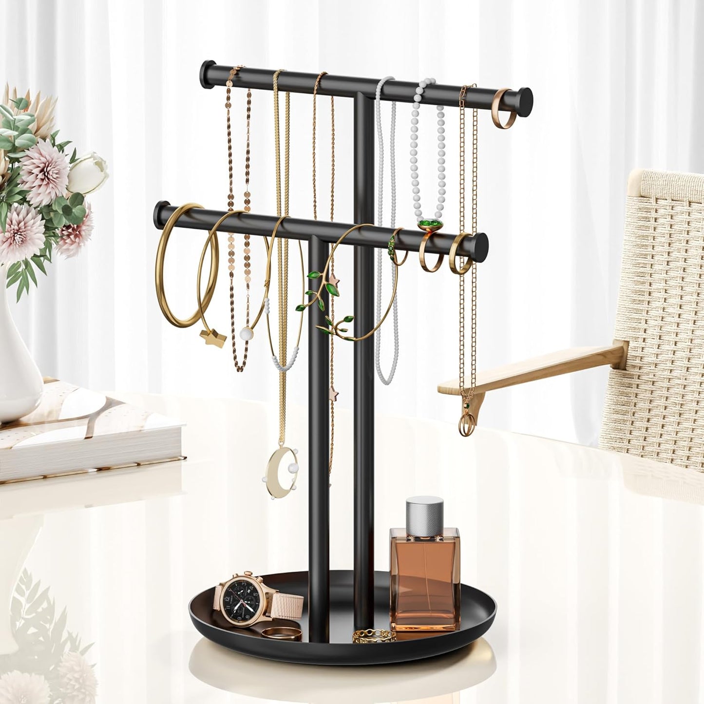 Necklace Rack Stand with Storage Tray - 2 Rods T-Shaped Jewelry Holder Stand for Bracelets, Earrings, Rings | Elegant Vanity & Dresser Top Storage for Women, Black.