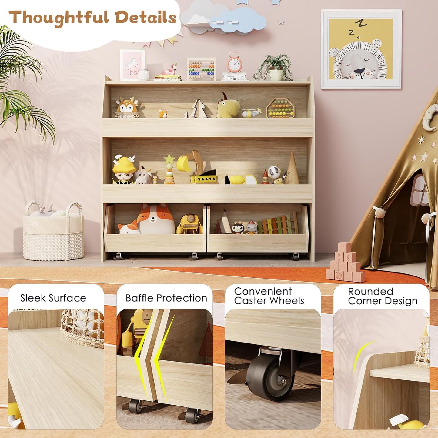 COZPAW Toy Storage Organizer, 3 Tier Montessori Shelf with Movable Bins, Toy Organizers Book Shelf for Kids Room, Playroom, Nursery (Wood)