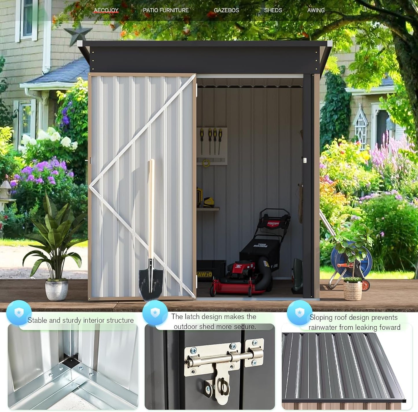 AECOJOY 5' x 3' Outdoor Storage Shed, Small 3x5 Metal Sheds & Outdoor Storage Clearance Steel Yard Shed kit with Lockable Door, Utility and Tool Storage Garden Shed for Backyard, Patio and Outside use