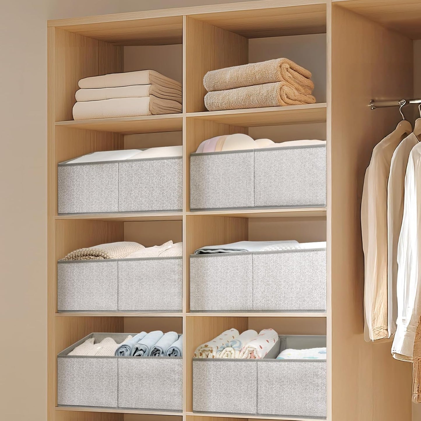DIMJ Storage Baskets for Shelves 8 Packs - Large Trapezoid Closet Organizer Bins with Handles and Divider, Foldable Clothes Containers Box for Shelf, Towel, Book, Toy, Purse, Grey