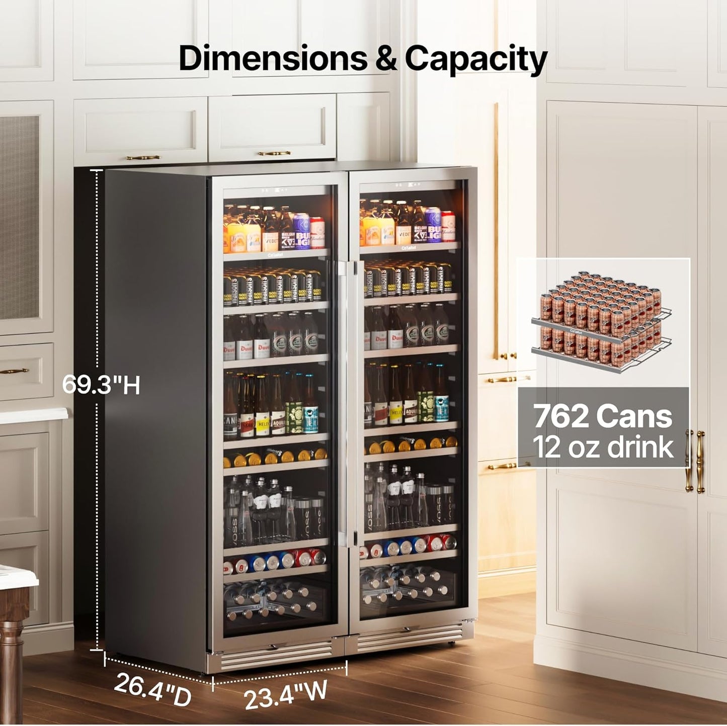 Ca'Lefort Beverage-Refrigerator 48 Inch, Tall Beverage Fridge Cellars Large Bar Drink Cabinet Built-in or Freestanding with Glass Door, Beer Cooler for Bottles and Cans Beer/Soda/Water/Wine