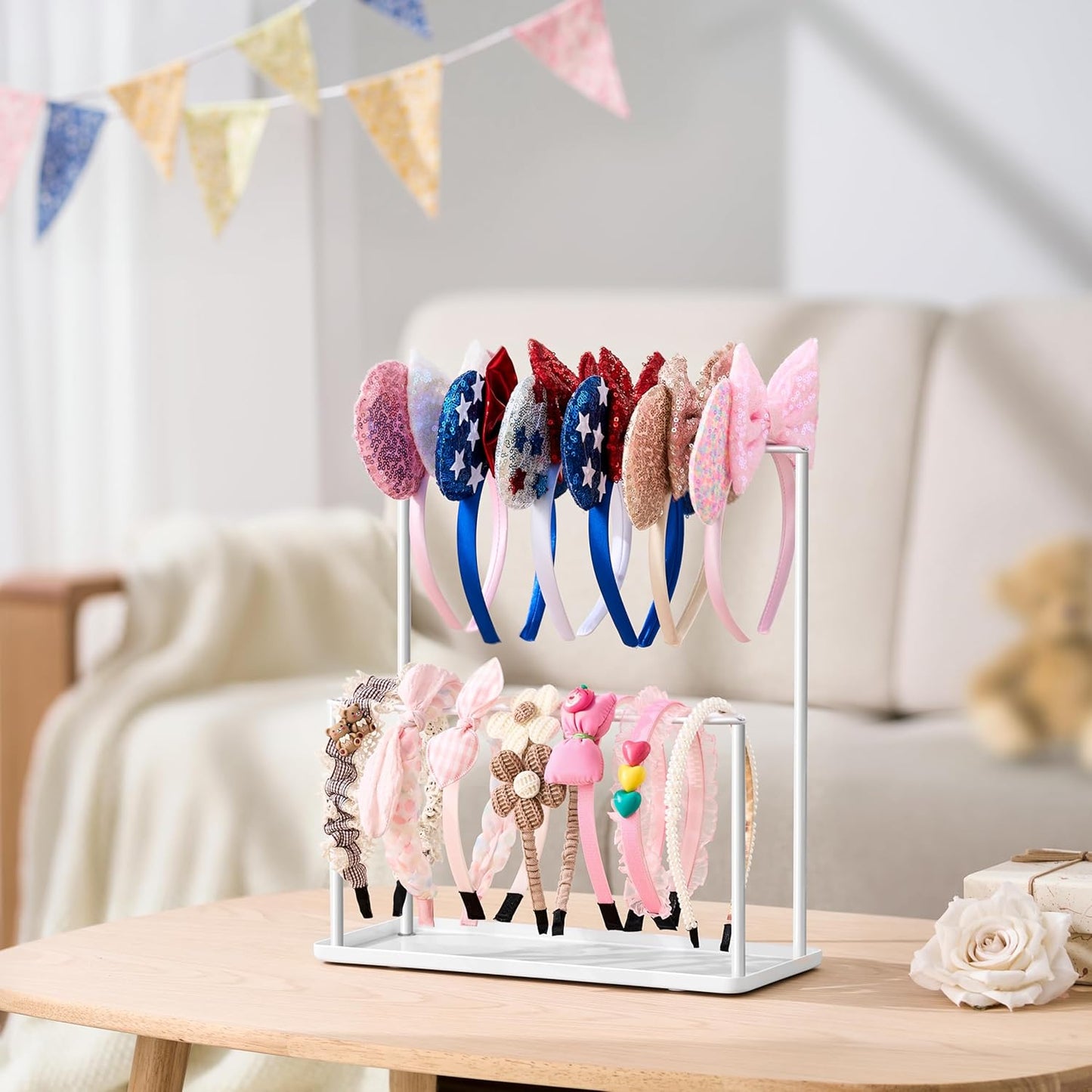 Headband Holder Organizer Metal 2-Tier with Tray: Hair Accessories Display Stand Storage Hairband Rack Necklace Stand Home Bedroom for Girls Women, White