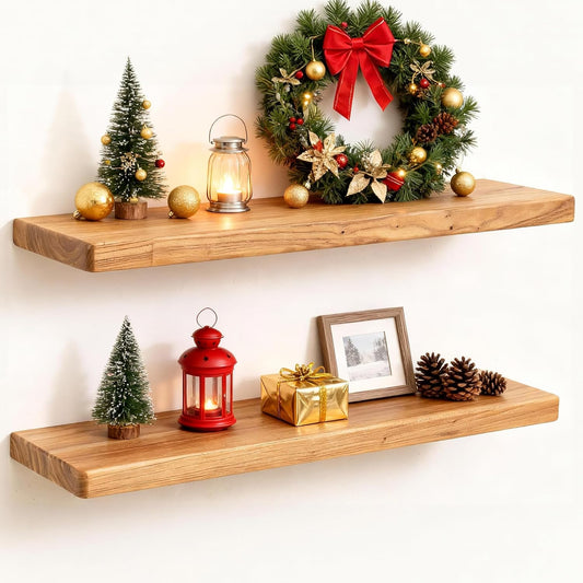 Fun Memories 24 Inch Floating Shelves, Solid Elm Wood Wall Shelf for Home Decor, Rustic Bathroom Shelves Set of 2, Heavy-Duty Storage Shelf for Kitchen, Bedroom, Living Room