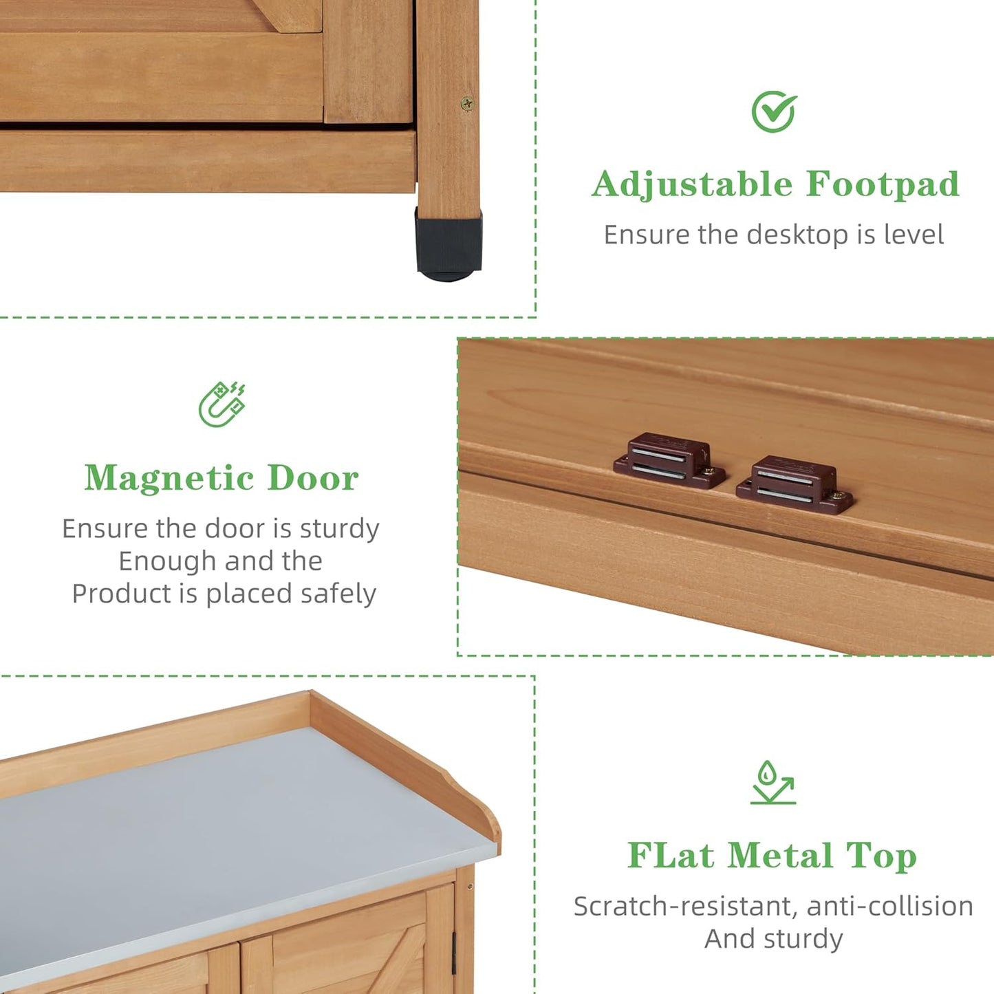 Outdoor Potting Bench with Storage Cabinet and Metal Top, Wood Workstation for Outdoor Patio, Garden (Light Brown, 31.5x17x39‘’)