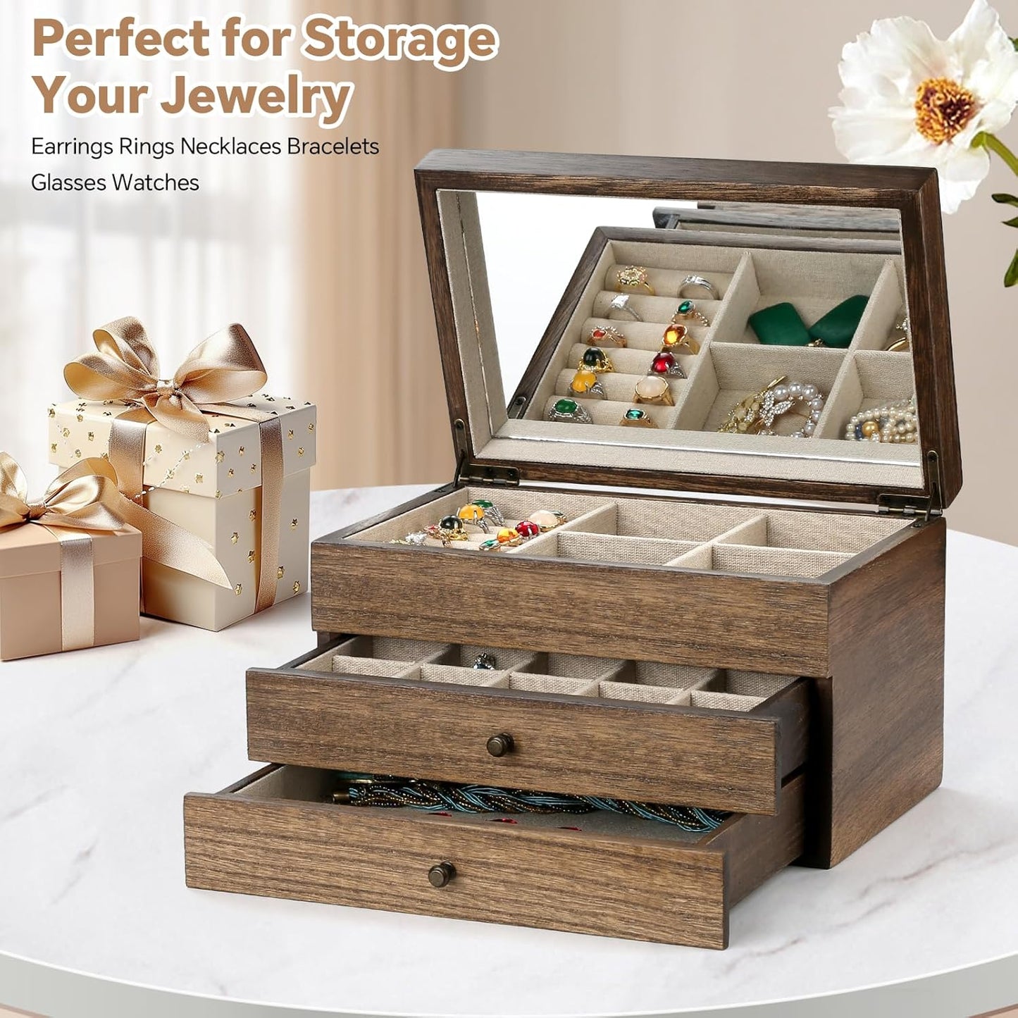 Meangood Jewelry Box Organizer for Women, 3 Layer Large Jewelry Storage Case, Rustic Wooden Jewelry Box with Mirror & Ring Tray for Necklace Earring Bracelets Rings, Vintage Style (Walnut)