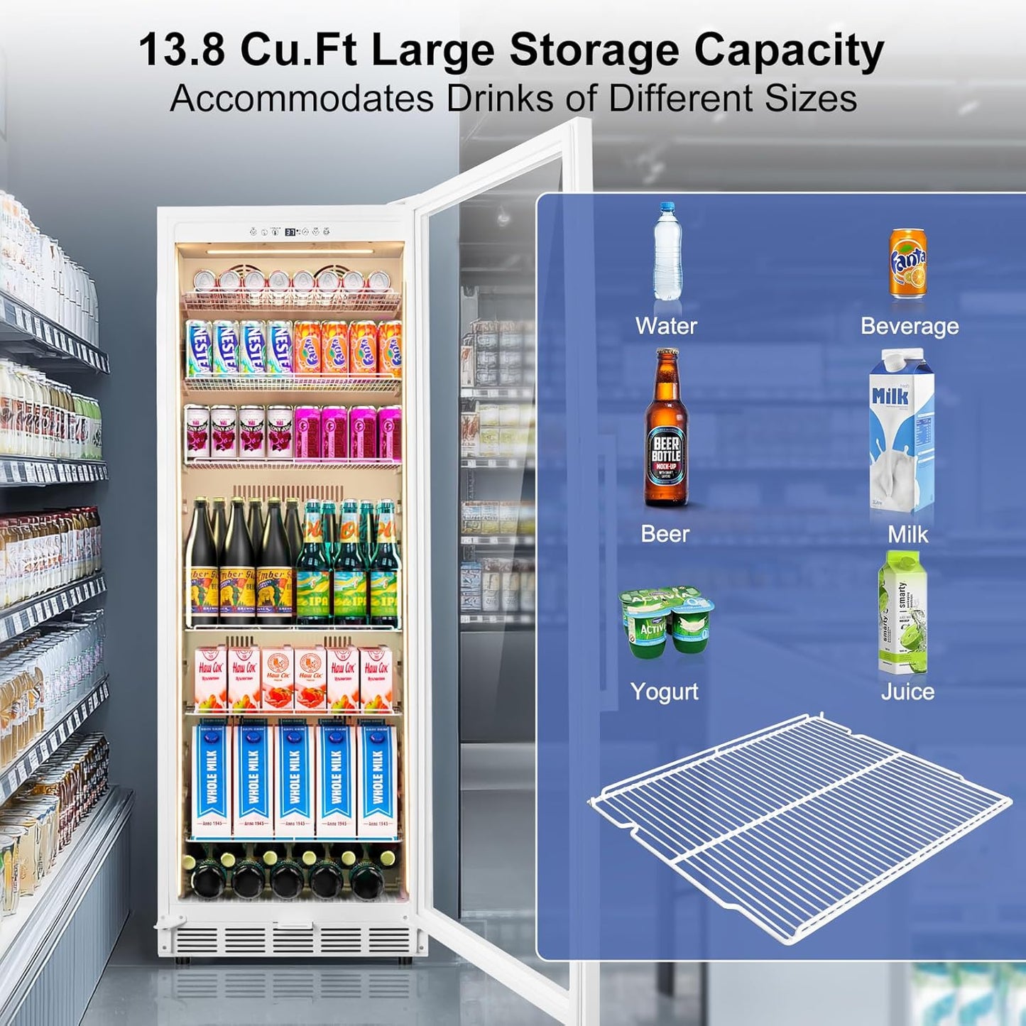 Commercial Display Refrigerator with Glass Door, Upright Beverage Cooler Merchandiser with Reversible Door, Drink Fridge with Door Lock for Restaurant Supermarket Convenience Store, 13.8 Cu.Ft