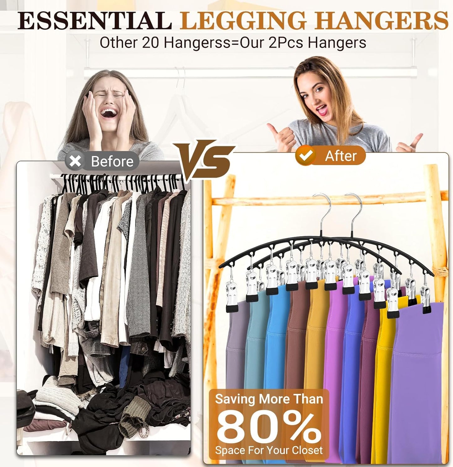 Legging Organizer for Closet, Metal Yoga Pants Hangers 2 Pack w/10 Clips Holds 20 Leggings, Space Saving, Clips Hanger for Pants, Shorts, Scarf, Hats (Black+Grey)