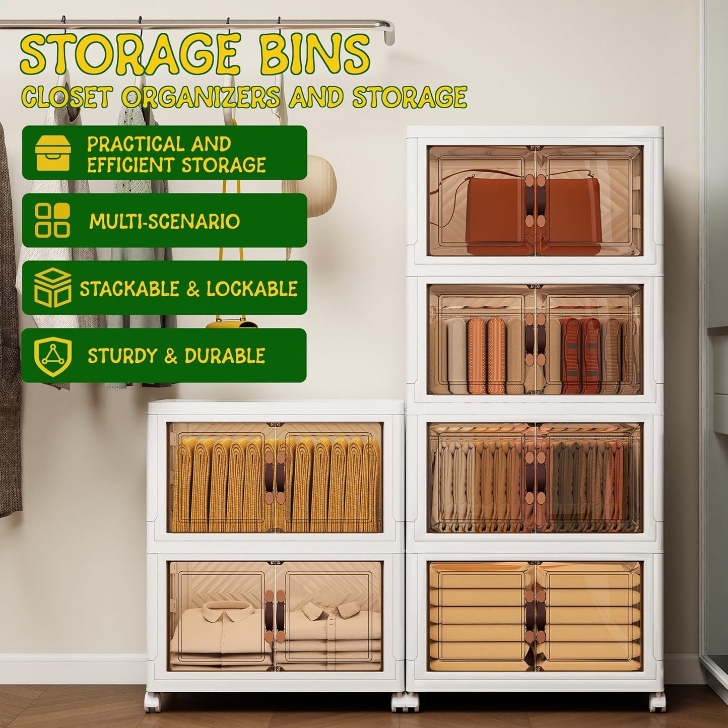 Storage Bins with Lids and Wheels, Collapsible Bathroom Storage Cabinet with Clear Doors, Plastic Stackable Closet Organizers and Storage Containers White 180 QT