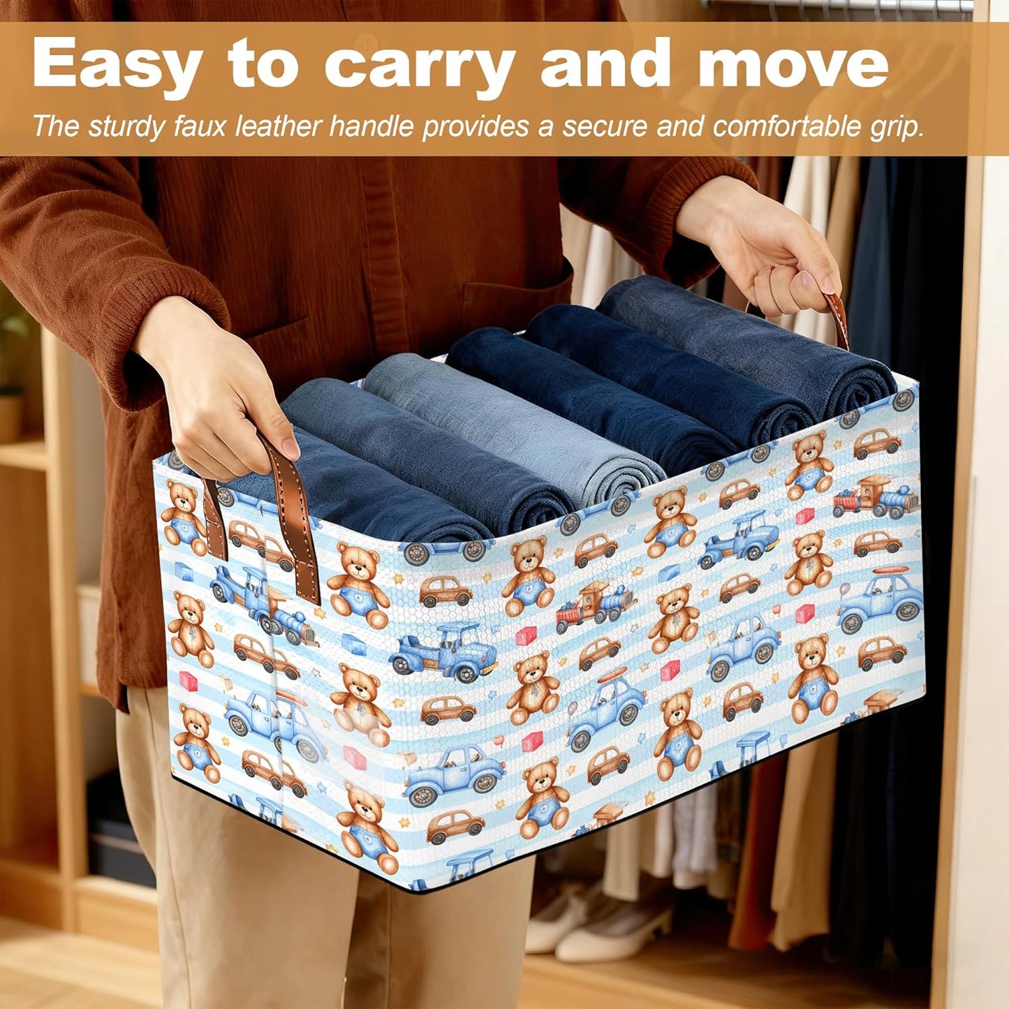 32L Large Storage Bins with Handles, Basket Organizer for Shelves, Closet, Books, Laundry & Home Decor (Cute Bear Car)