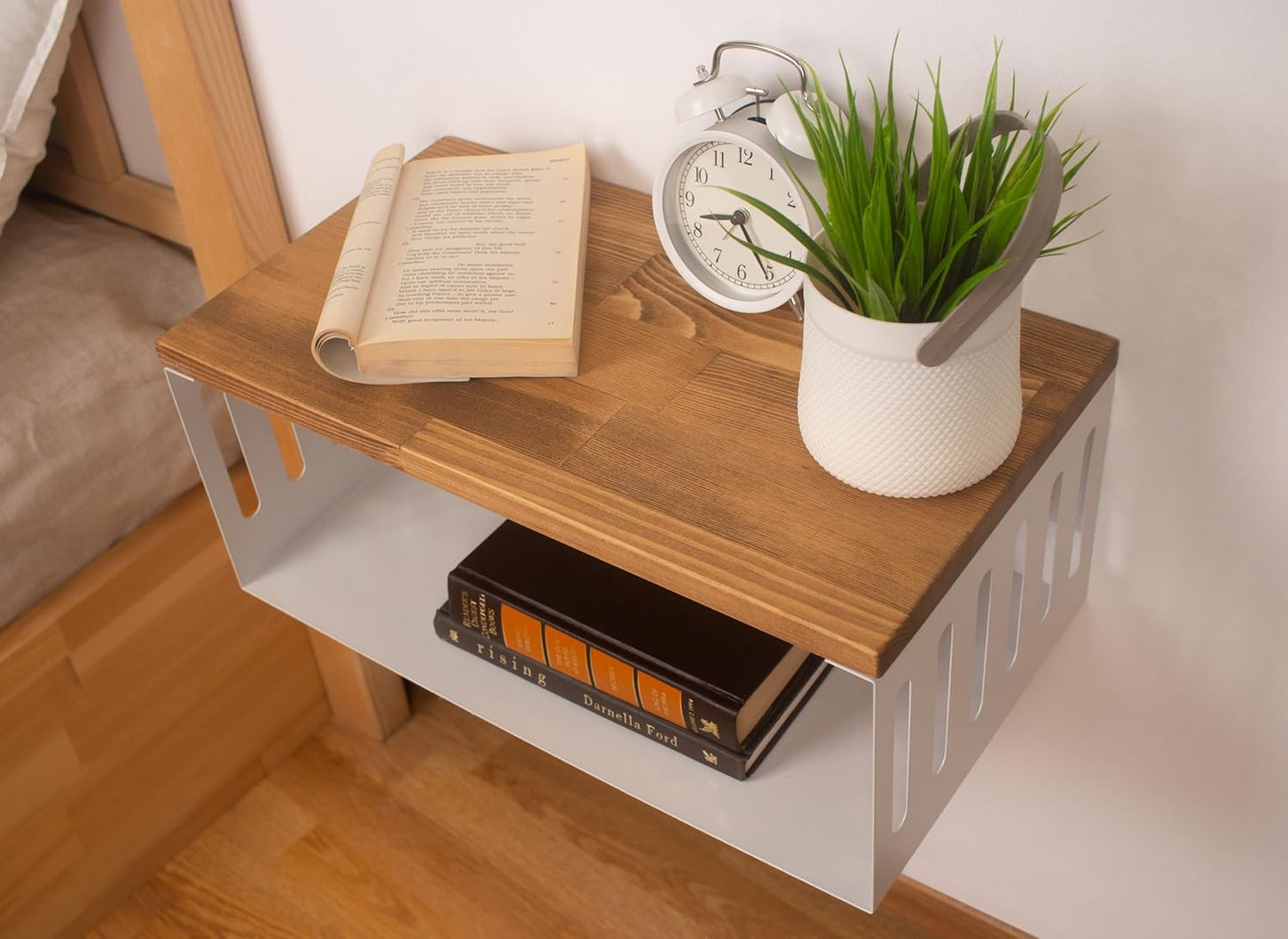 Floating Nightstand with White Metal Base, Wooden Top and Sturdy Metal Base, Minimalist Bedside Table, Wall Mounted Shelf, Bedside Shelf (Capetown)