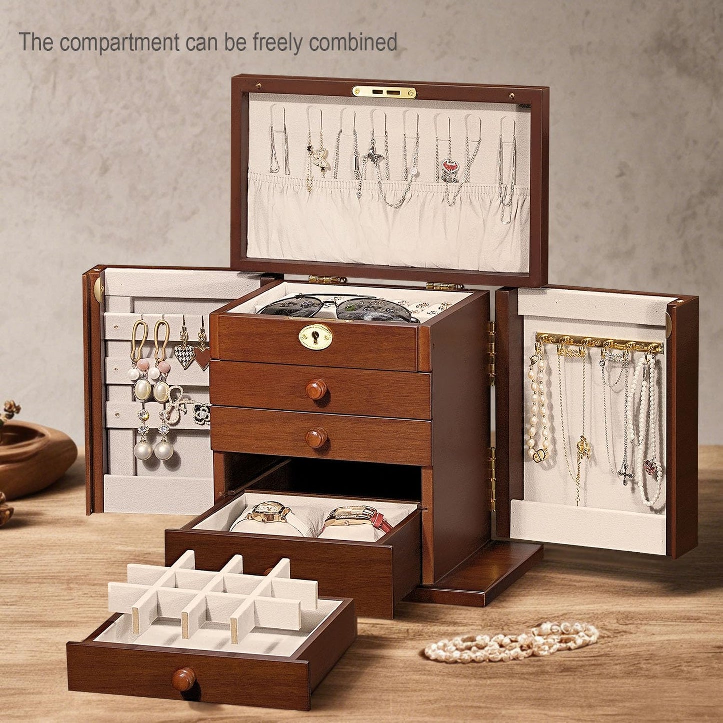 wooden Jewelry Box and Organizer - 8-Layer Lockable Wooden Jewelry Boxes for Women - Large Jewelry Boxes and Organizer with Key,Gift for Wife,dresser top jewelry box with lock