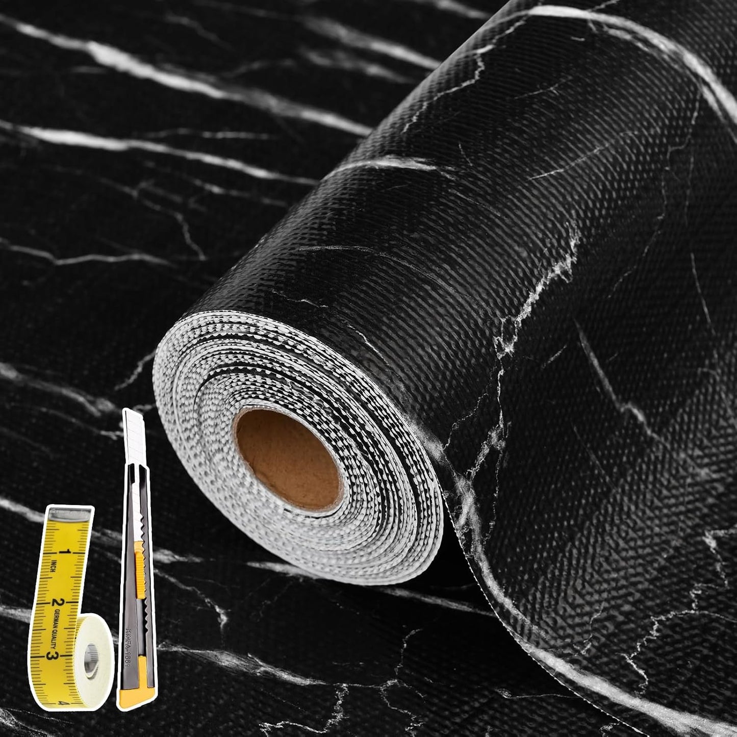 Drawer and Shelf Liner for Kitchen Cabinet: 12 in X 30 Ft Non Slip Waterproof Shelf Paper Non Adhesive Refrigerator Liners Black Marble Easy Liners for Bathroom with Knife Tape Measure