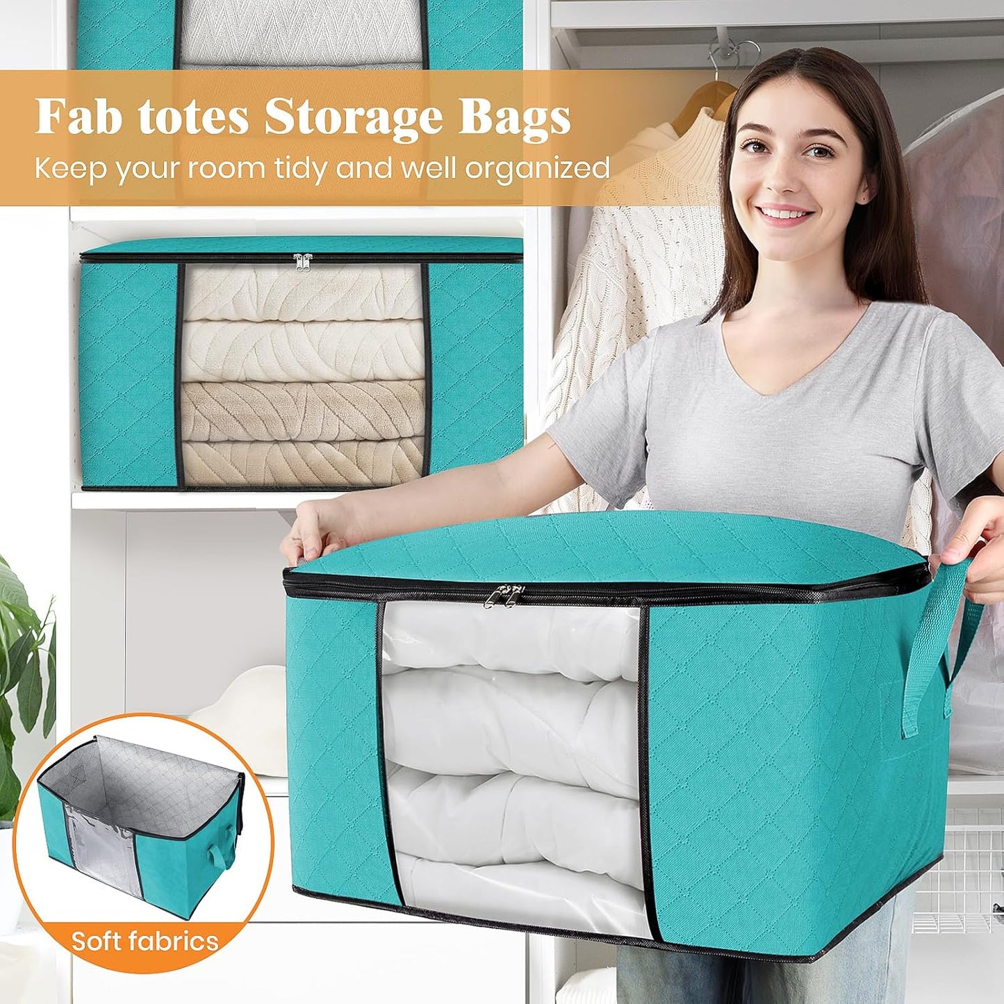 Fab totes Storage Bags,Clothes Blanket Storage Bins Foldable Closet Organizers with Reinforced Handle for Home Dorm Storage and Organization,Fabric Bags for Organizing Sheets,Clothing (Green,4 Pack)
