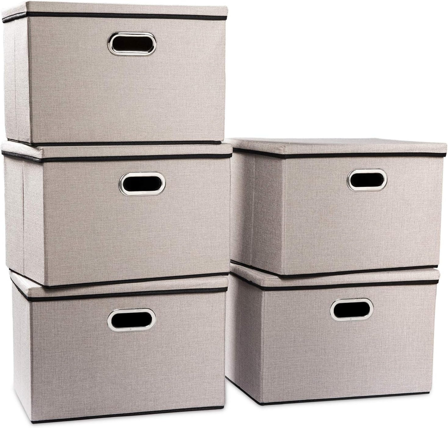 PRANDOM Large Foldable Storage Bins with Lids [5-Pack] linenFabric Decorative Storage Boxes Organizer Containers Baskets Cube with Handles Divider for Bedroom Closet Office Light Grey(17.7x11.8x11.8)