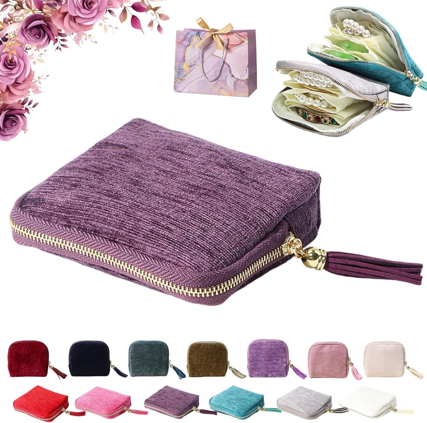 Travel Jewelry Case, Portable Jewelry Storage Bag, Compact Foldable Five Compartments Organizer Pouch with Zipper & Tassel for Earring Necklace Ring Bracelet (Dark purple)