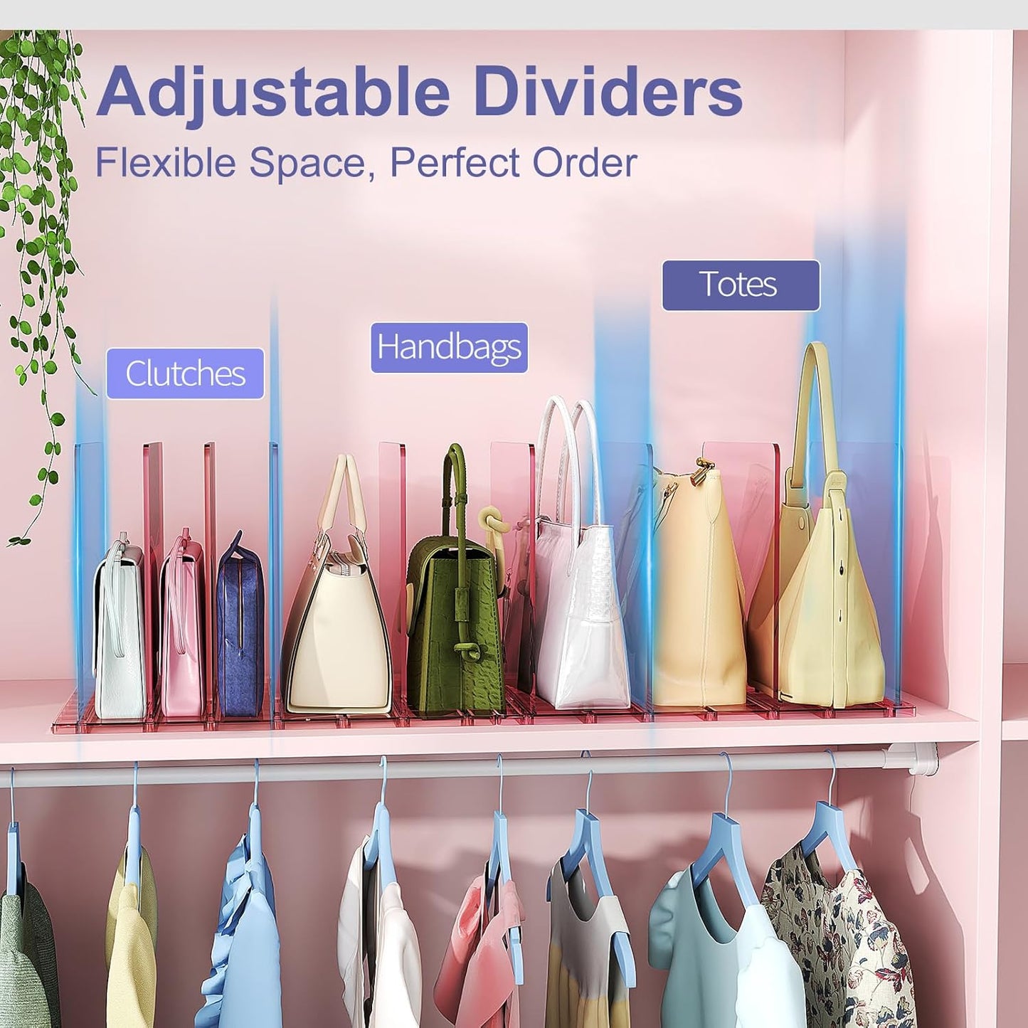 Purse Organizer for Closet: Shelf Dividers Adjustable Acrylic Bag Closet Organizers and Storage Pink 4 Bases 14 Shelves