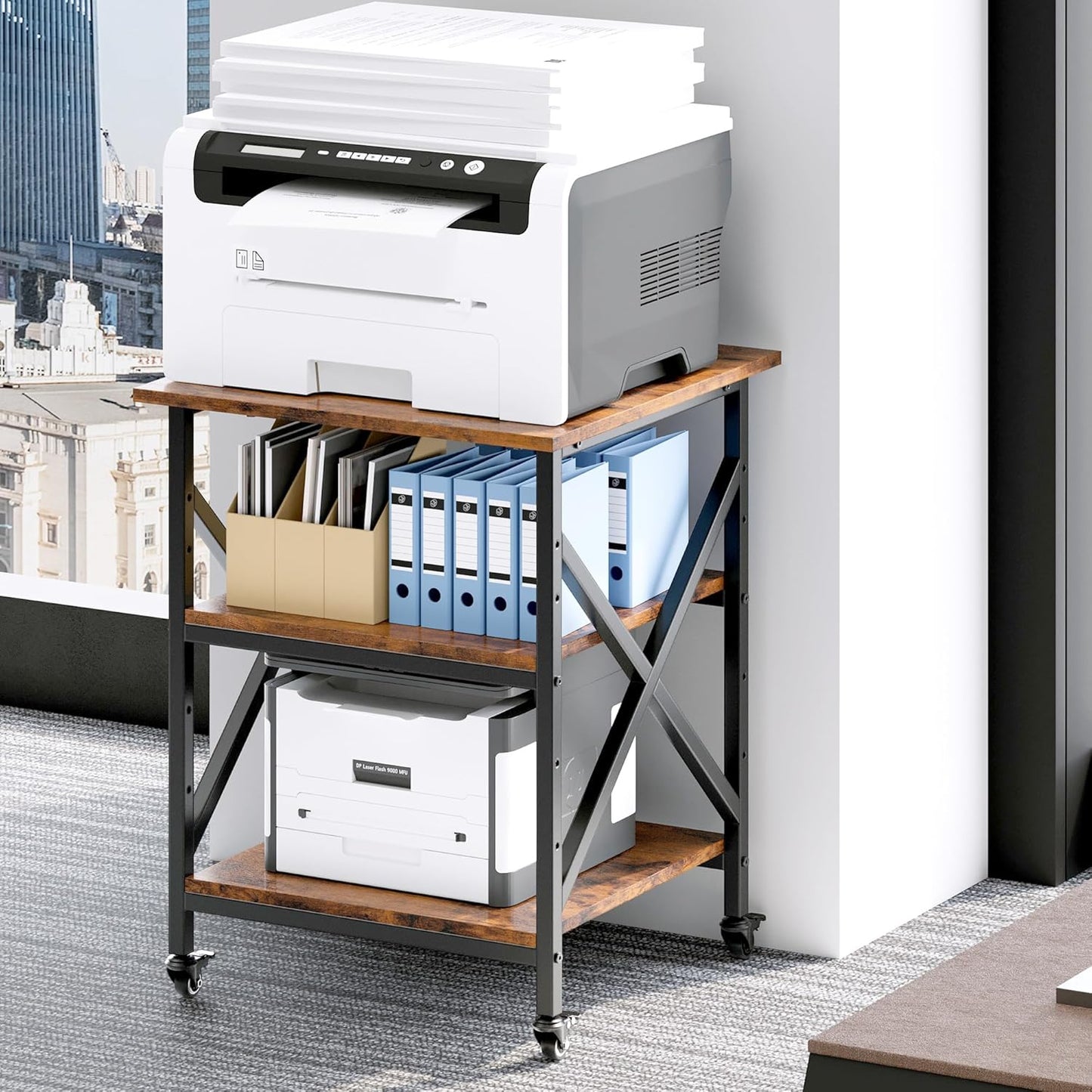 Ollieroo 3 Tier Printer Stand, Large Table with Wheels, Rolling Cart with Height Adjustable Middle Storage Shelf, 23.6 x 23.6 x 30.3 Inches Shelf for Home Office, Vintage Brown