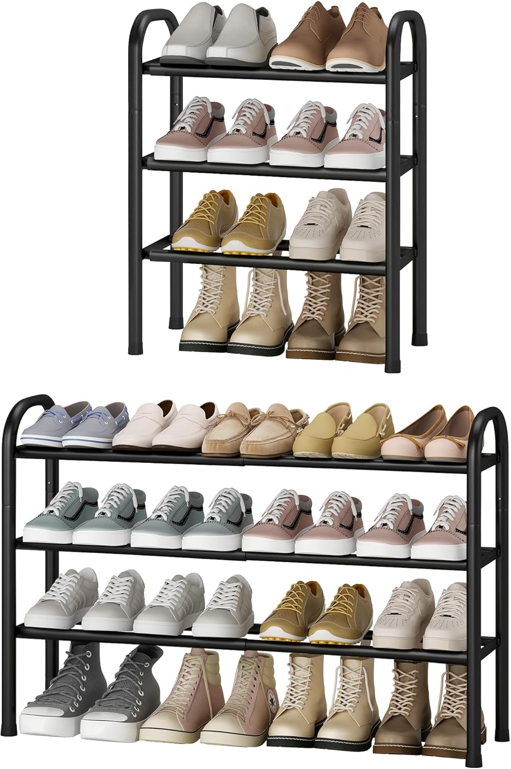 STO STO Expandable Shoe Rack, 3-Tier Metal Small Shoe Rack for Closet, Up to 16 Pairs Adjustable Shoe Racks Storage for Front Door Entrance, Free Standing Shoe Rack Organizer for Entryway, Black