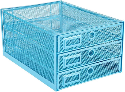 Annova Desk Organizer Wire Mesh 3 Tier Sliding Drawers Paper Sorter/Multifunctional/Premium Solid Construction for Letters, Documents, Mail, Files, Paper, Kids' Art Supplies (Blue)