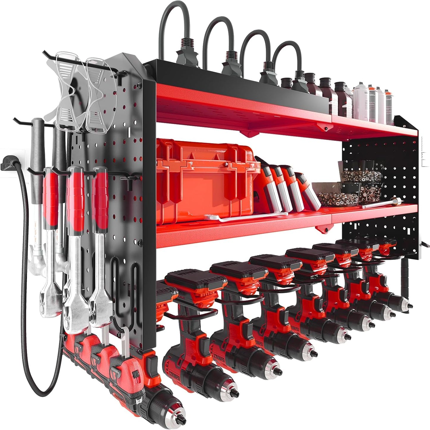 Warome Garage Tool Organizer Wall Mount with Charging Station, Power Tool Organizer with Large 8-Outlet Power Strip, Tool Storage Rack with 8 Cordless Drill Holders, Battery Utility Rack in Red