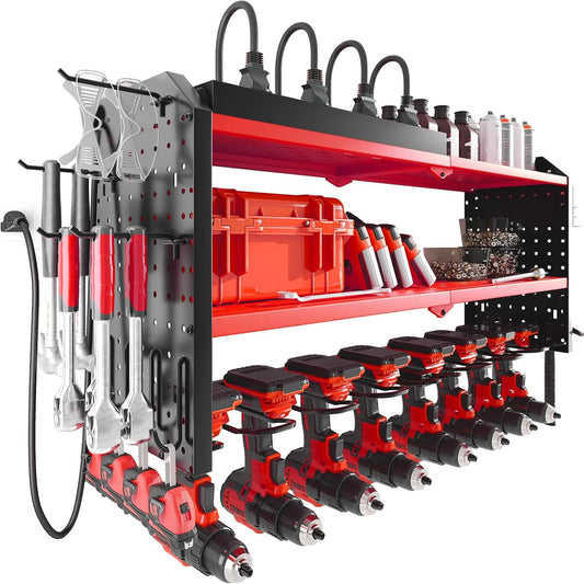Warome Garage Tool Organizer Wall Mount with Charging Station, Power Tool Organizer with Large 8-Outlet Power Strip, Tool Storage Rack with 8 Cordless Drill Holders, Battery Utility Rack in Red