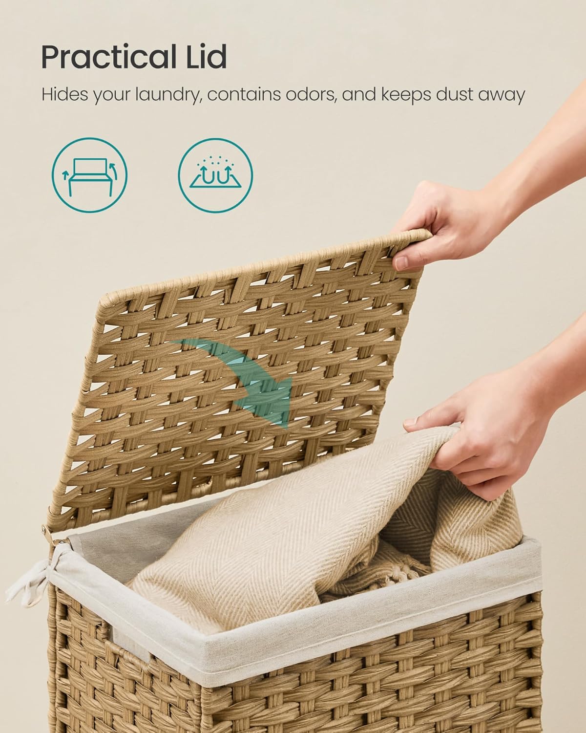SONGMICS Storage Basket with Lid, Woven Blanket Storage Bin with Handles, Foldable, Removable Liner, Metal Frame, for Bedroom, Laundry Room, 9.2 Gallons (35 L), Natural URST040YE01
