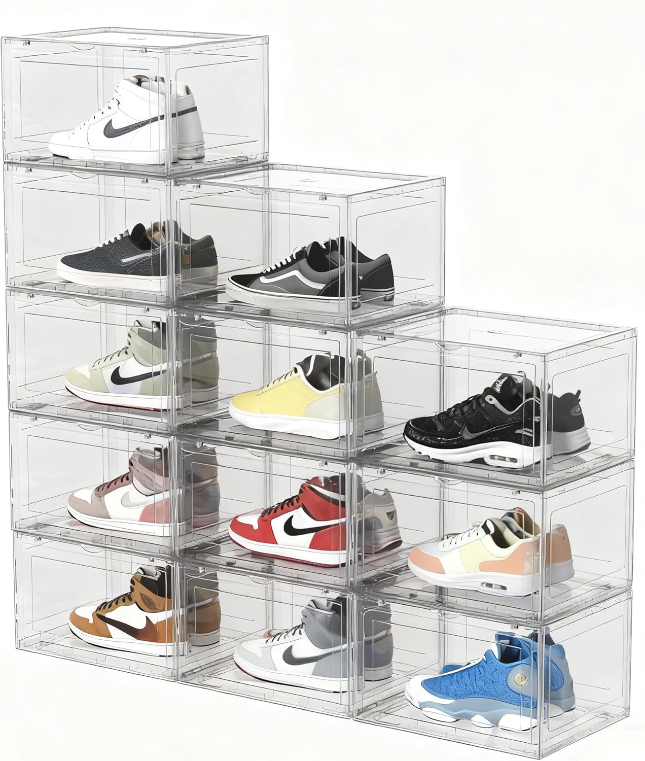 12 Packs Plastic Sneaker Storage Shoe Containers, Stackable Shoe Organizer with Doors, Acrylic Display Shoes Boxes