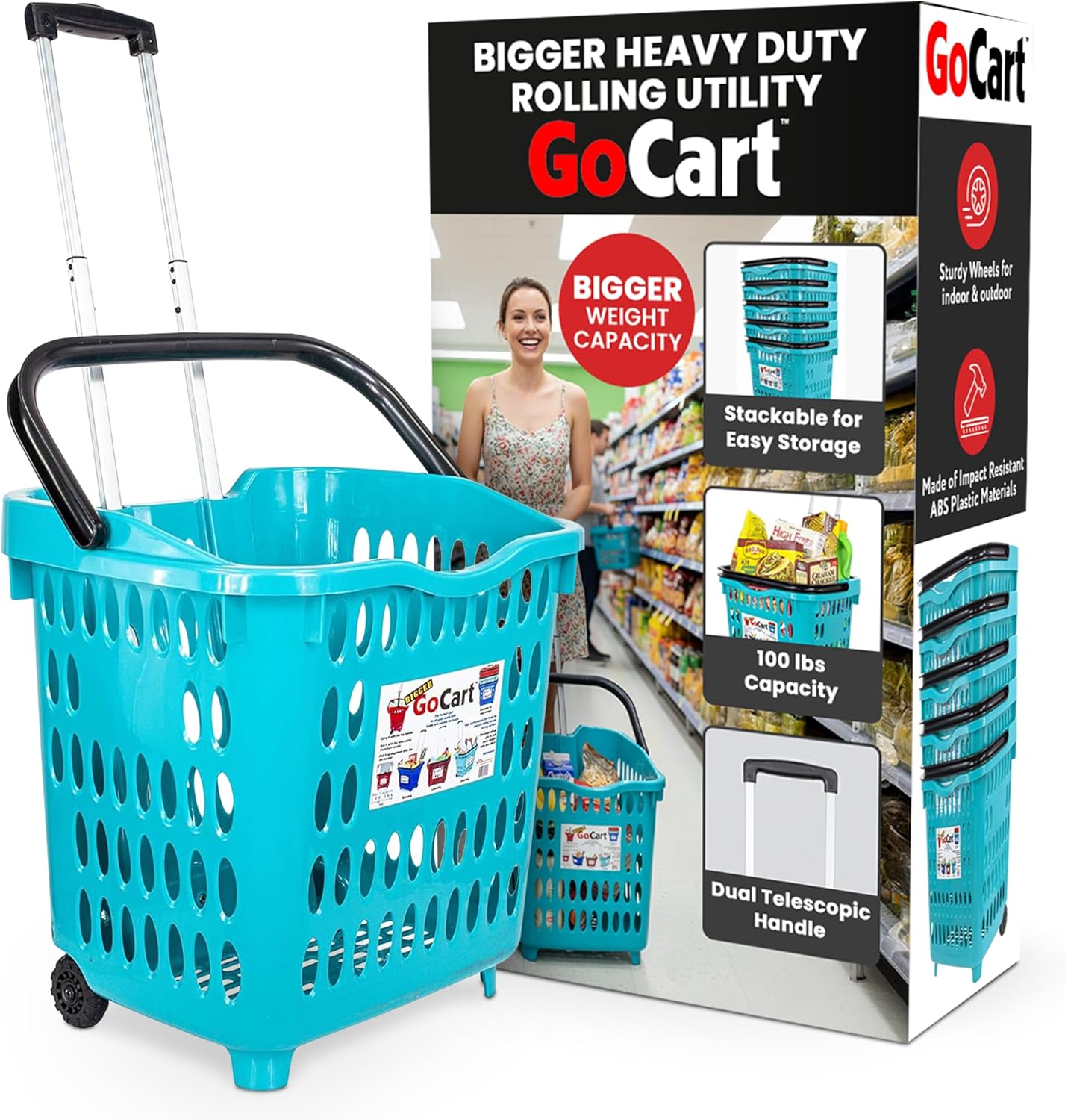 dbest products Bigger GoCart Grocery Cart Rolling Shopping Laundry Basket on Wheels Hamper with Telescopic Handle Cleaning Caddy Trolley, Teal, Bigger 1 pack