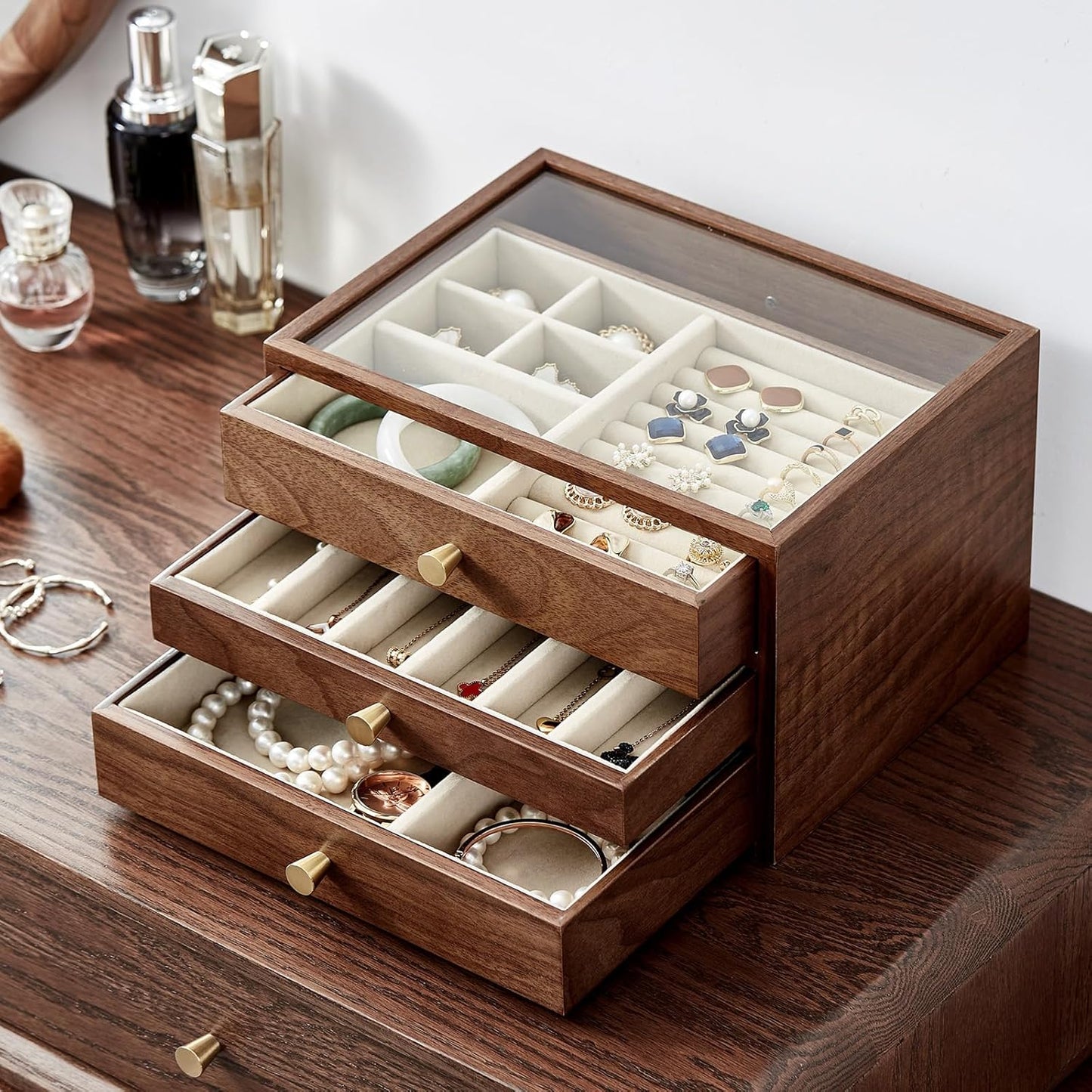 Black Walnut Wooden Jewelry Box Women large 3 Layer Drawer Organizer Box with Glass Lid for Necklaces, Watch, Necklace, Ring, Earring Storage - Christmas Gifts