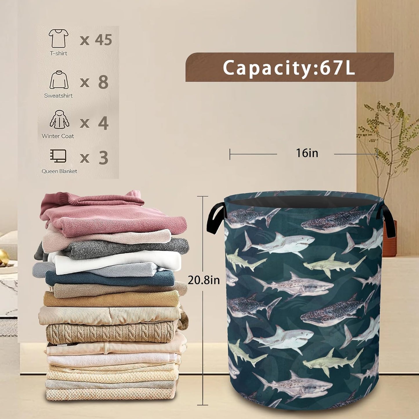 Cute Shark Collapsible Laundry Baskets,Laundry Hamper,Storage Basket with Handles for Bathroom Bedroom College Dormitory Living Room Nursery Organizer 16"x20"