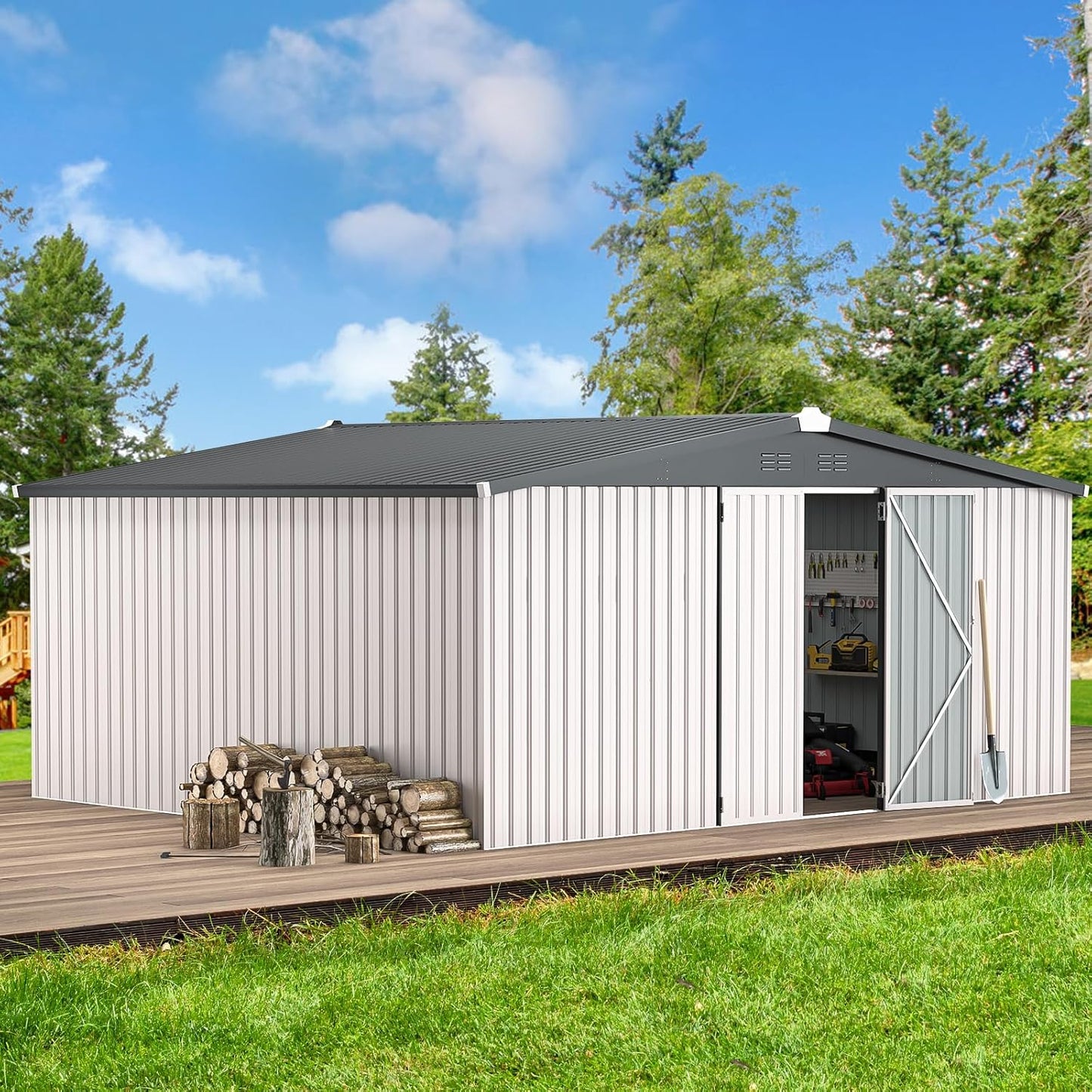AECOJOY 12' x 14' Outdoor Storage Shed, Large 14x12 Metal Sheds & Outdoor Storage Clearance Steel Yard Shed with Lockable Doors, Utility Tool Storage Garden Shed for Backyard, Patio and Outside use