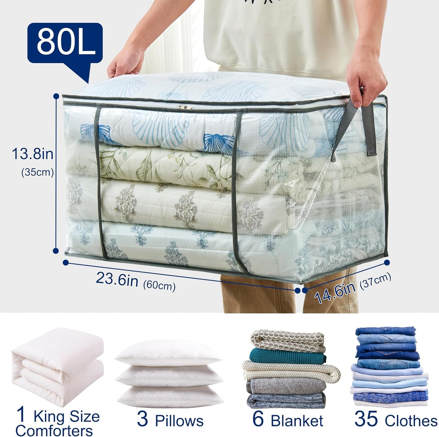 80L Clear Large Storage Bag, Clothes Storage Containers for Organizing Closet, Bedroom, Underbed, Comforters, Clothing, Blankets, Pillow, Foldable Organizer with Sturdy Handle and Zippers (6)