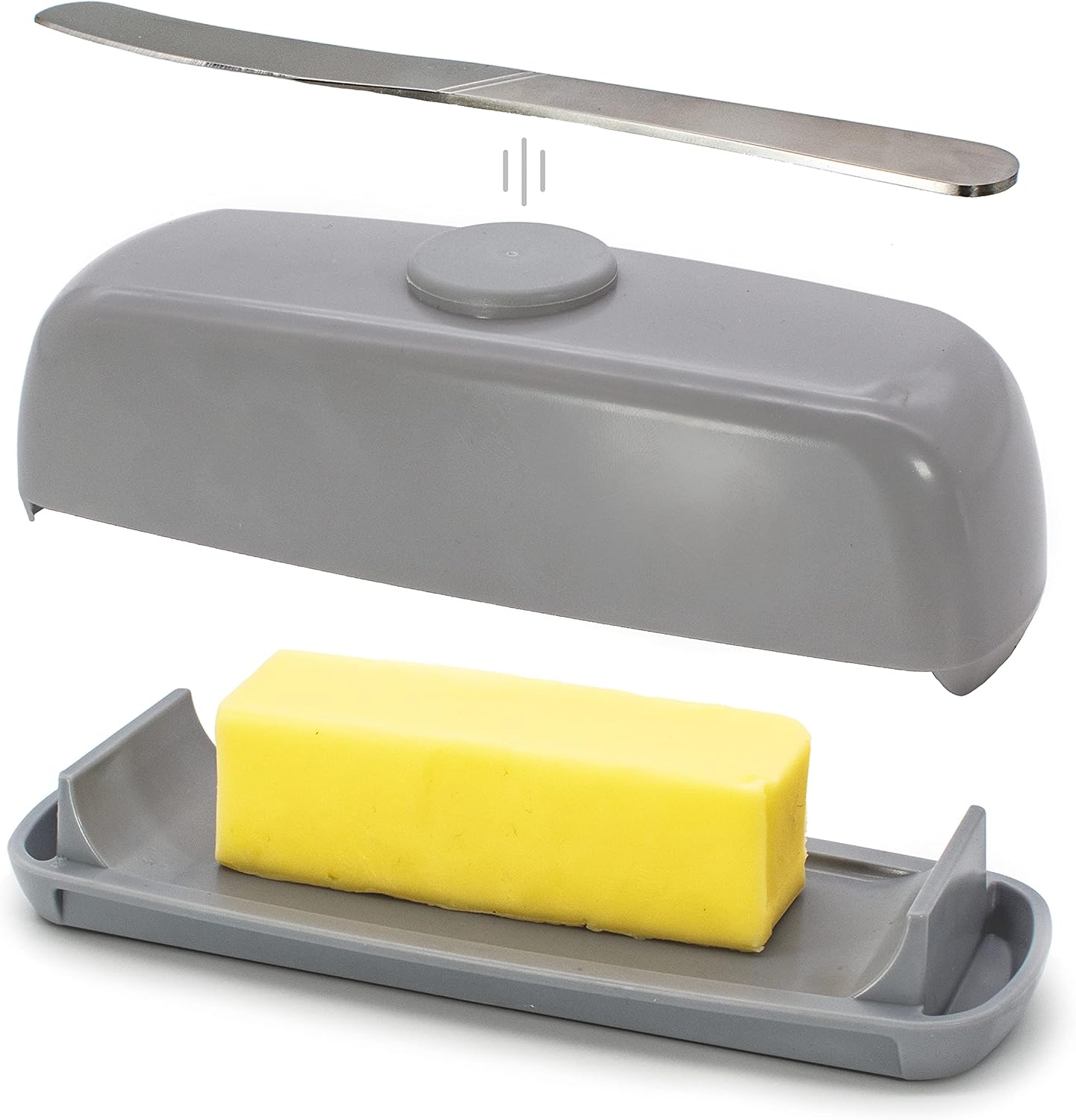 Butter Hub Butter Dish with Lid and Knife, Magnetic Butter Keeper, Easy Scoop, No Mess Lid, Plastic, Dishwasher Safe (Grey)