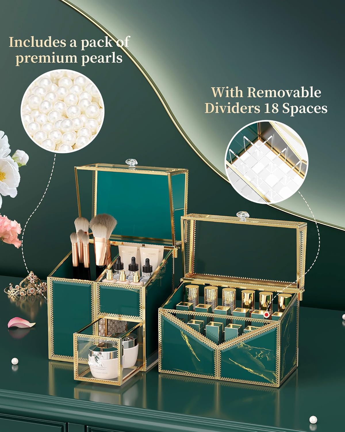 Extra Large Makeup Organizer, Glass Cosmetic Storage with Drawers, Stackable Makeup and Jewelry Organizer for Vanity Table, Bathroom Countertop, Skincare, Lipsticks, Perfume, Brushes