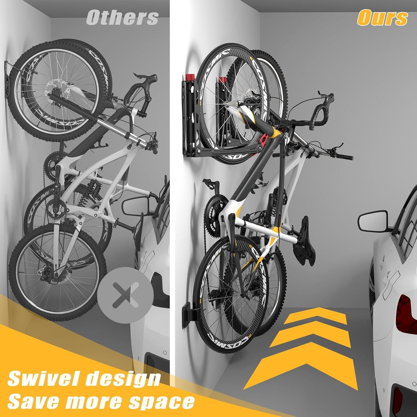 TORACK BIKEPAL Space Saving Wall Mounted Swivel Bike Racks, Vertical Bike Wall Hangers for Garage Storage Solution (2 Pack)
